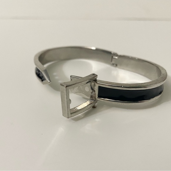 Adjustable Belt Black & Silver Enamel Paint Metal Hinged Bangle Bracelet - Picture 10 of 13